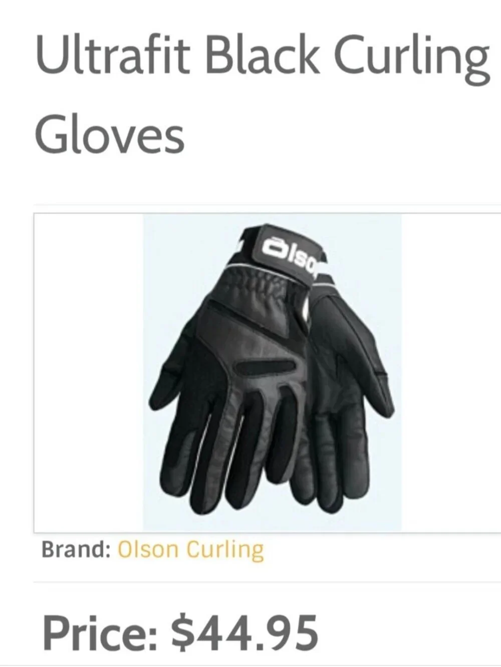 Olson Unisex Ultrafit Glove Curling Gloves Size large New Without Tags